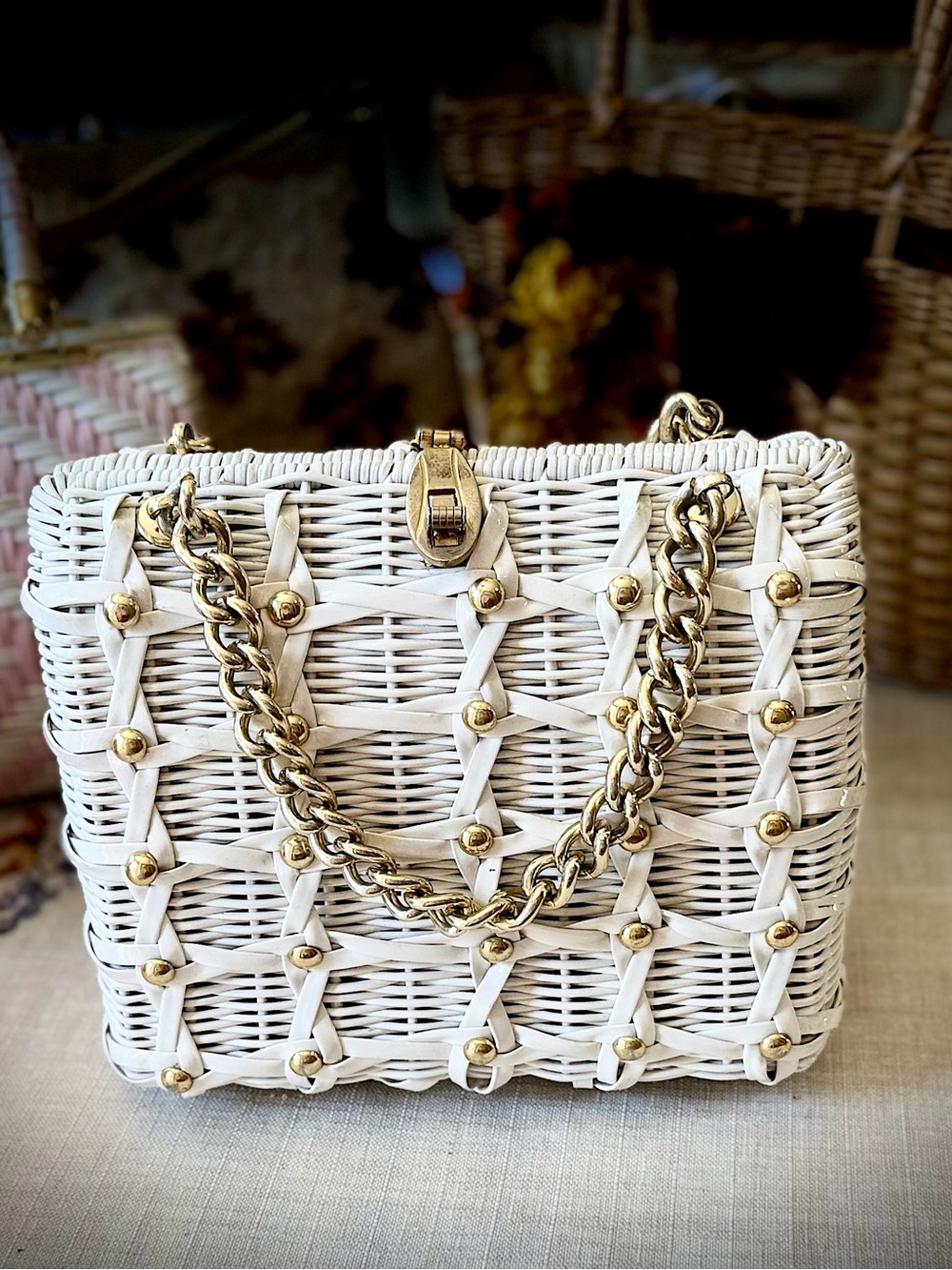 Vintage 1960s Woven White Wicker Bag with Gold Chain handles